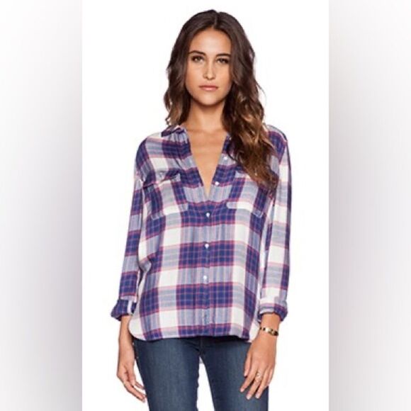 PAIGE Trudy Shirt in White/Blue Mazarine and Coral Spice Button Down Shirt Sz L - Picture 1 of 8